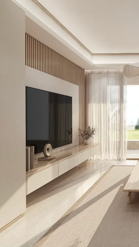Light-filled living room with timber battens and stone hearth